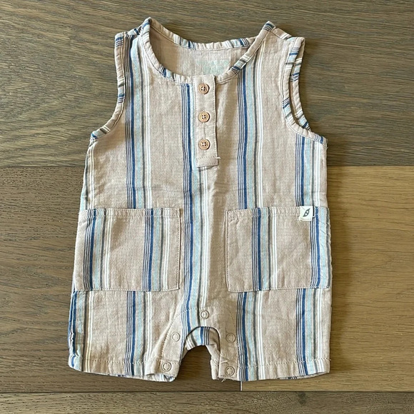 Easy Peasy Beige and Blue Striped Romper Size 0-3 Months 100% Cotton - Picture 2 of 4